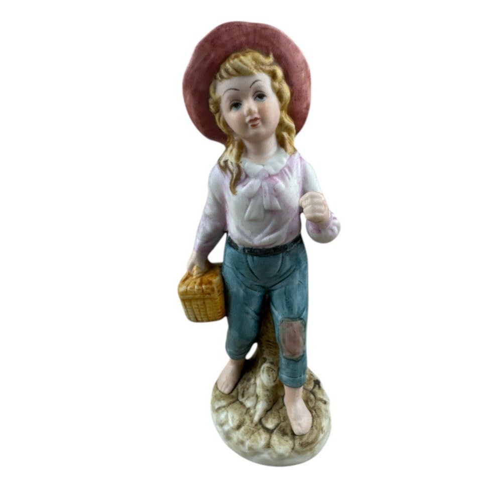 Vintage Norleans Japan Country Girl Going‎ Fishing Figurine 7" Bisque Porcelain